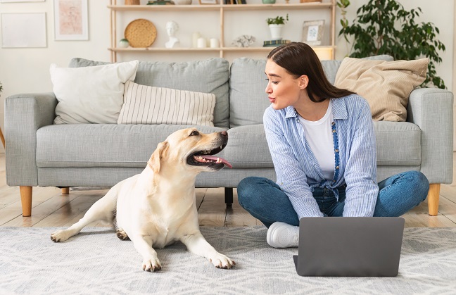 woman with laptop and dog